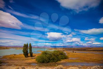 Argentine Patagonia in February. Yellow flat scorched desert with shallow lakes