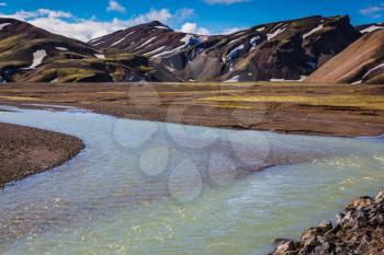 Central Valley in the national park Landmannalaugar, Iceland. Summer floods blocked the way to the tourist camping