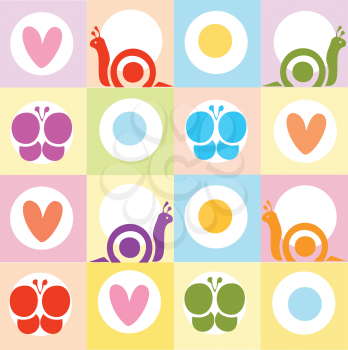 Royalty Free Clipart Image of a Background of Snails, Hearts and Butterflies