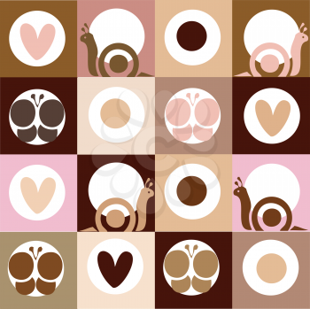 Royalty Free Clipart Image of Animals, Hearts and Circles on Squares