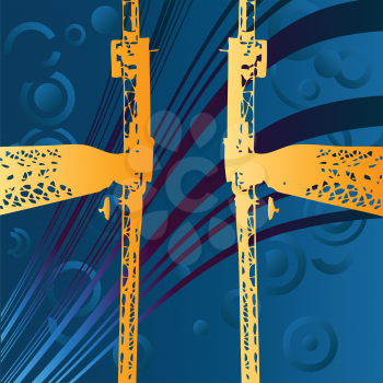 Royalty Free Clipart Image of Golden Cranes on a Blue Background