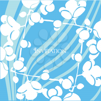 Royalty Free Clipart Image of an Invitation With Flowers and a Blue Swirly Striped Background