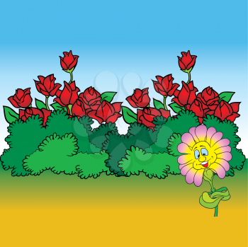 Royalty Free Clipart Image of a Cartoon Flower In Front of Roses