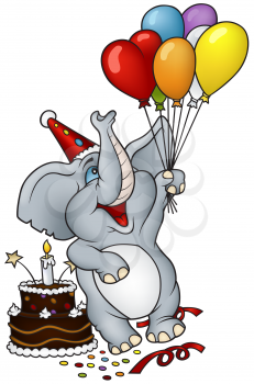 Royalty Free Clipart Image of an Elephant With a Balloon and Birthday Cake