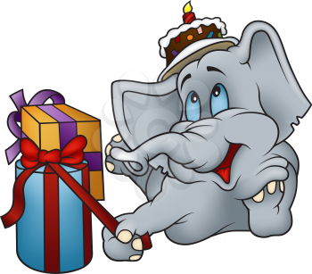 Royalty Free Clipart Image of an Elephant With a Cake on Its Head Opening Presents