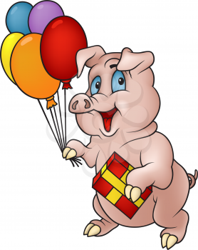 Royalty Free Clipart Image of a Pig Holding Balloons