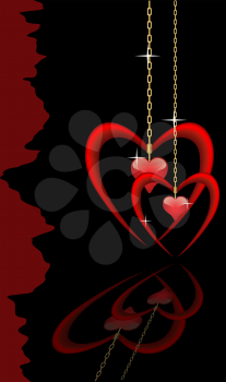 Royalty Free Clipart Image of Two Hanging Hearts With Smaller Hearts on Black
