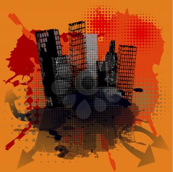 Royalty Free Clipart Image of a City on a Grunge Orange Background