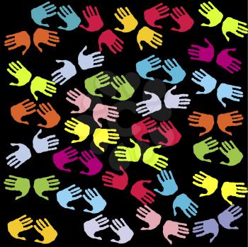 Royalty Free Clipart Image of a Black Background With Coloured Hands