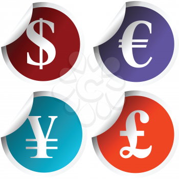 Stylized labels in fresh colors with common international curency symbols