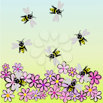 Royalty Free Clipart Image of a Bees and Flowers