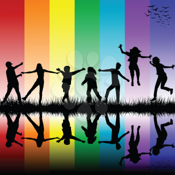 Children silhouettes over rainbow background
