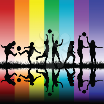 Children silhouettes playing on rainbow background