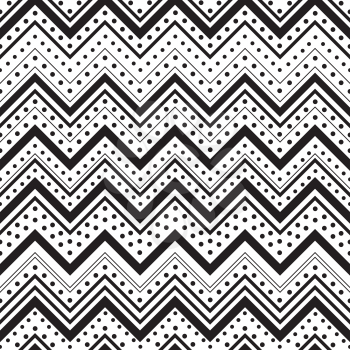 Zig zag seamless pattern with black dots and lines over white background