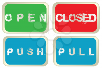 Open, closed, pull and push colored signs isolated over white background