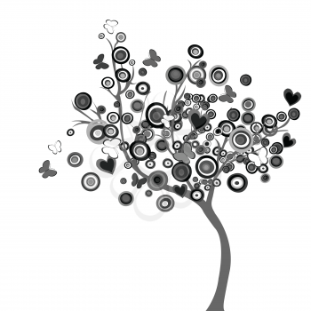 Stylized black tree with circles and butterflies