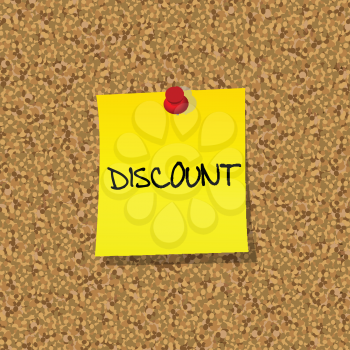 Yellow stick note paper with word DISCOUNT pinned on cork board with red pin