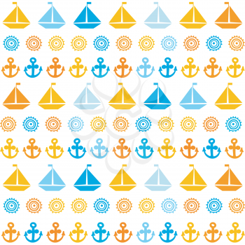 Cartoon seamless pattern with sail boats, anchors and stylized sun, background for boy kids