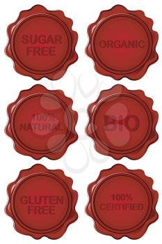 Set of wax seal with healthy messages - gluten free, sugar free, organic , natural, certified, bio