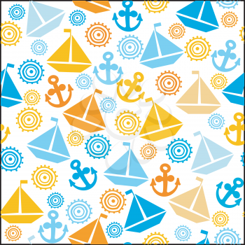 Cartoon seamless pattern with sail boats, anchors and stylized sun, background for kids