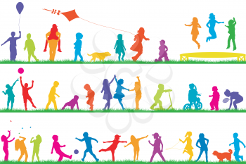 Set of colored children silhouettes playing outdoor