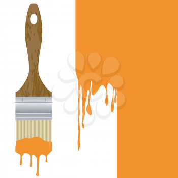 Paintbrush with dripping orange paint isolated over an orange painted wall