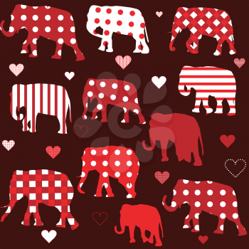 Seamless background with patterned elephants and hearts