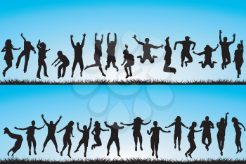 Set of children and young people jumping outdoor