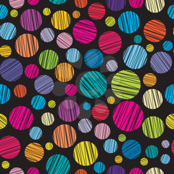 Seamless pattern with colored hatched circles on black background