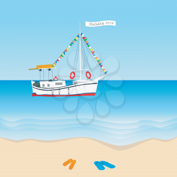 Summer holiday 2019 concept with sailboat in the sea and slippers on the beach