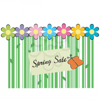 Spring sale background with bar code, flowers and butterfly