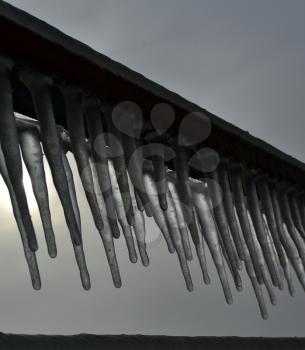 Frozen metal bars with icicles on gray sky