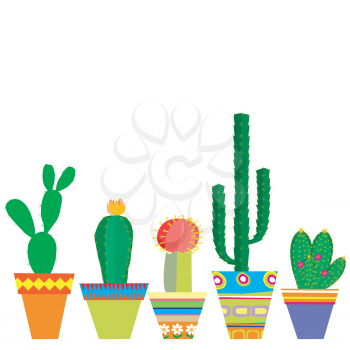 Mexico style pots with cactus flowers on white background