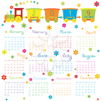 2019 Calendar with toy train and flowers for kids