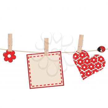 Greeting card with blank note and heart hanging on clothes line holding rope