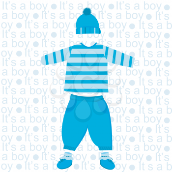 It's a boy card with baby boy clothes: hat, blouse, pants, bootees