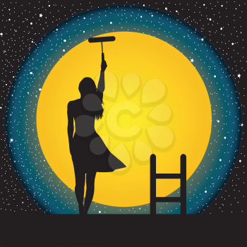 Girl on the roof painting the moon and the stars