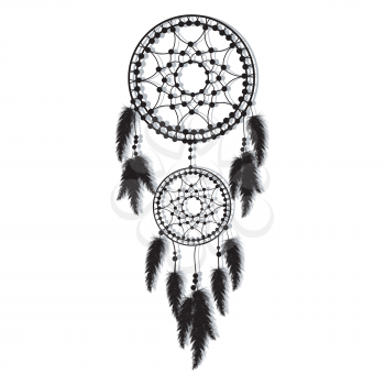 Hand-drawn dream catcher with feathers and shadow