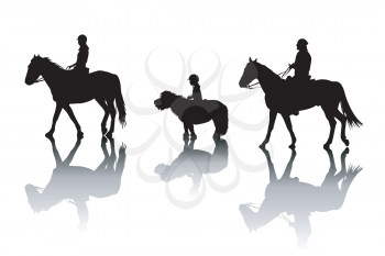 Family silhouettes riding horses and pony