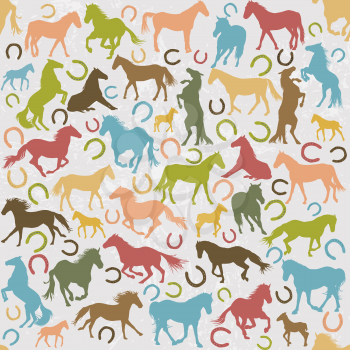 Seamless background with horses silhouettes and horseshoes