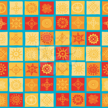 Sun symbols on squares seamless background