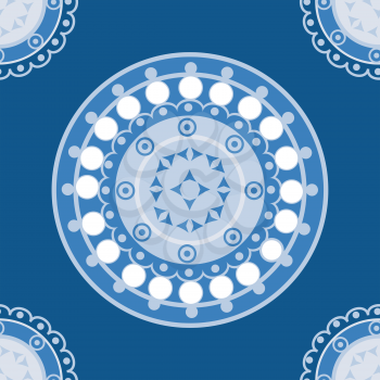 Seamless blue pattern for ceramic, porcelain, chinaware design with round ornament