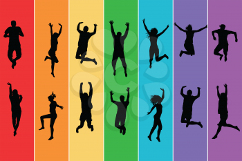 Silhouettes of men and women jumping on rainbow background