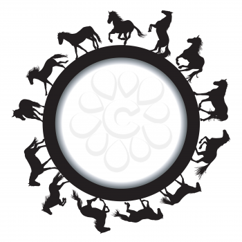 Round frame with black horse silhouettes