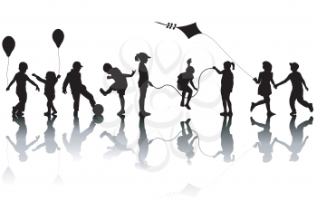 Children silhouettes playing with a kite and balloons