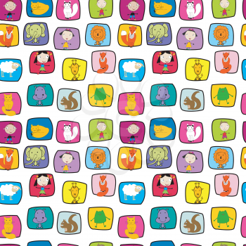 Seamless pattern with  animals and kids in doodle style