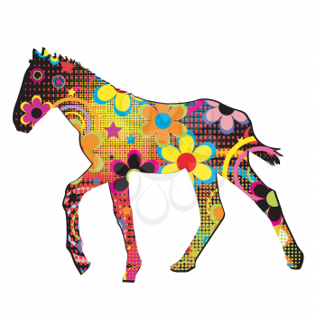 Foal silhouette with multicolored flowers, circles and dots pattern
