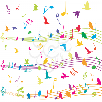 Abstract colored illustration with music note with silhouettes of birds flying