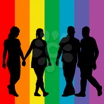 LGBT concept with silhouette of gay and lesbian couples on rainbow background