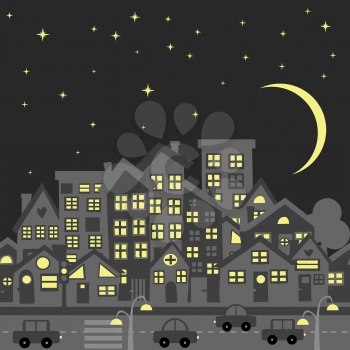 Night city skyline silhouette with cartoon traditional rooftops